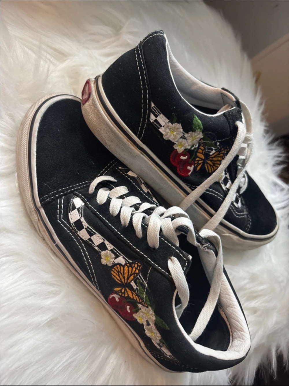 Vans Embroidered Checkerboard Sneakers with Floral & Butterfly Accents